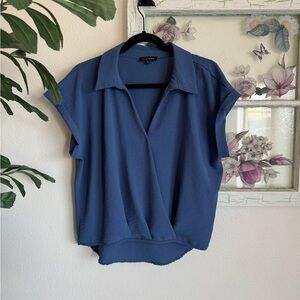 Pleione Slate Blue Draped V-Neck Collared Blouse Size M